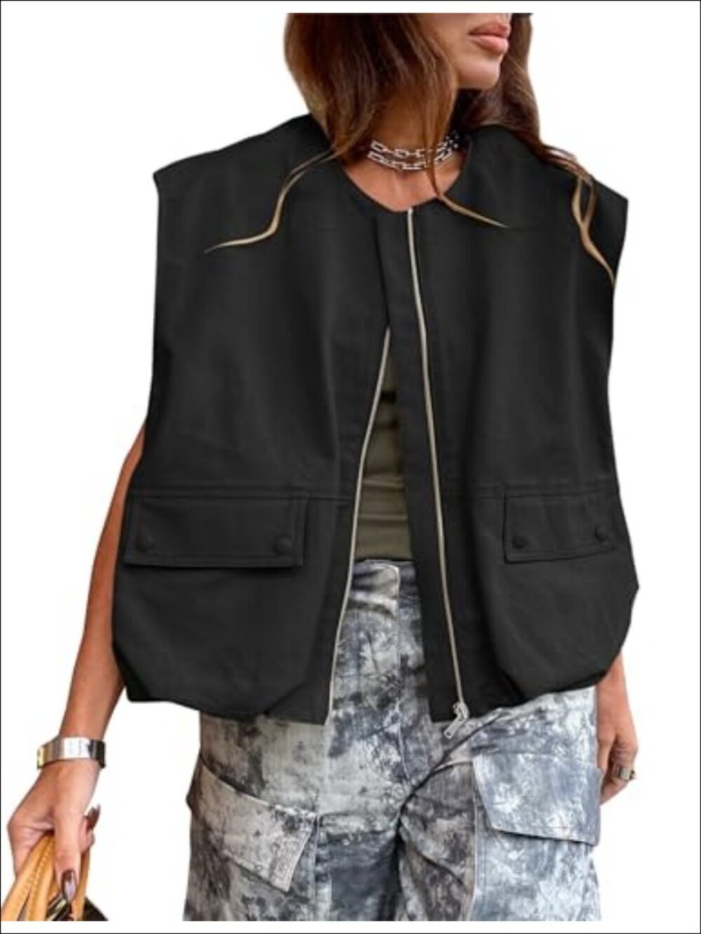 Womens Zip Up Cargo Vest Sleeveless Oversized Ruched Hem Vest Top